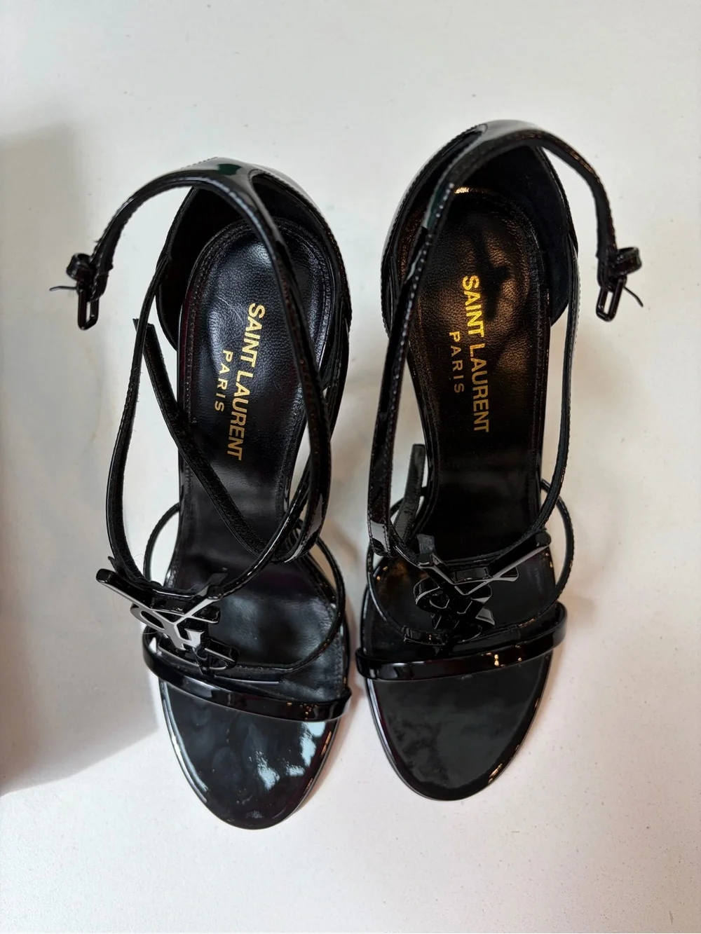 Saint Laurent Cassandra Black Patent Leather Logo T-Strap Stiletto Sandals - Picture 2 of 13